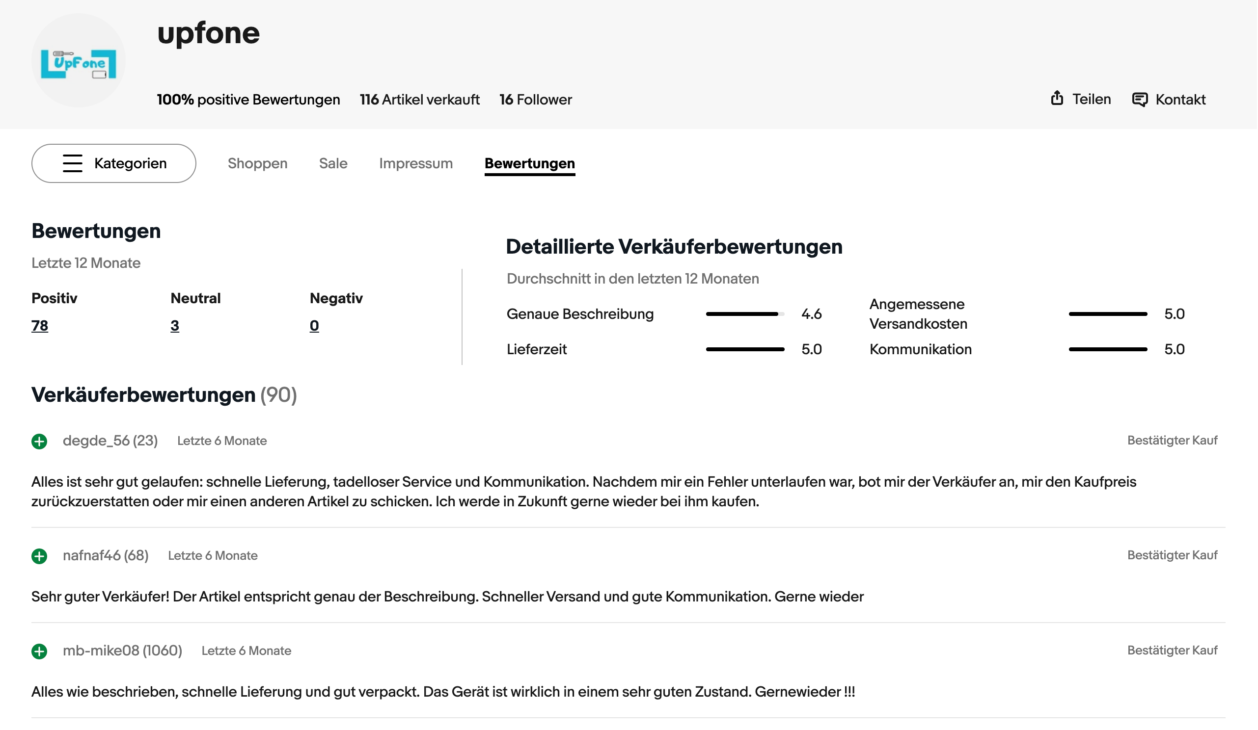 eBay-Verkäuferbewertungen von UpFone: 100 % positiv, 0 negative, Detailwertungen 4,6–5,0