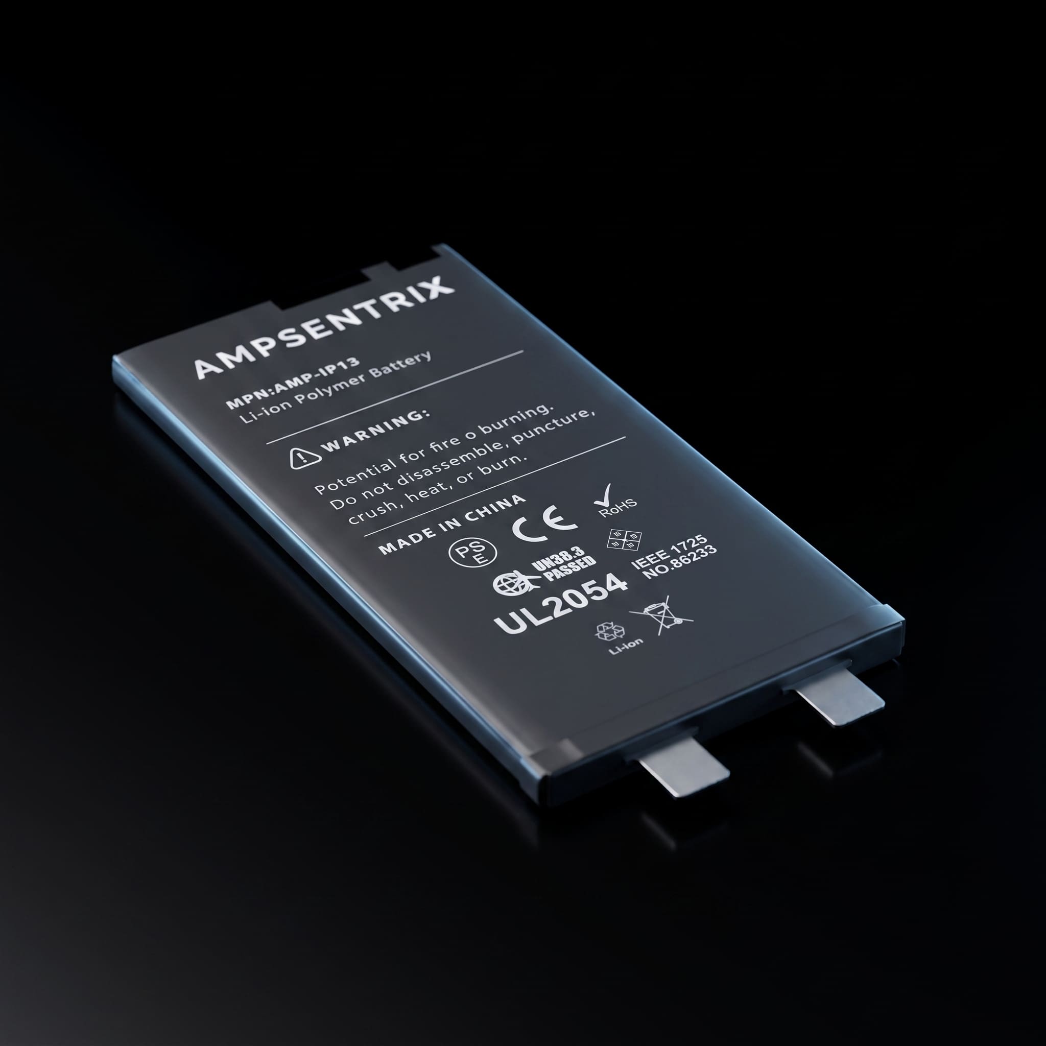 Ampsentrix Li-Ion Polymer Akku-Zelle (AMP-IP13) auf schwarzem Hintergrund – die neue Zelle, die UpFone ab iPhone 13 einbaut